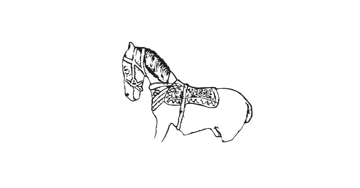 Ilustración de caballo con gualdrapas decoradas al estilo astur, emblema de Bauguda de Teucro en la recreación histórica de Astures y Romanos Astorga