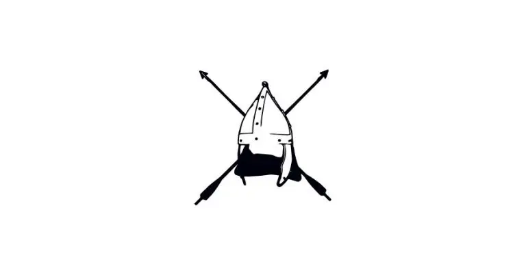 Logotipo de Cohors I Sagittaria: casco romano con nasal y dos lanzas cruzadas en trazo negro, versión monocroma del emblema de la cohorte de arqueros romanos en Astures y Romanos Astorga