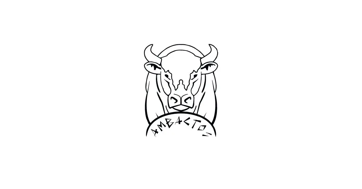 Emblema de los Ambactos con cabeza de toro en estilo tribal y nombre en caracteres prerromanos, grupo de recreación histórica de Astures y Romanos Astorga